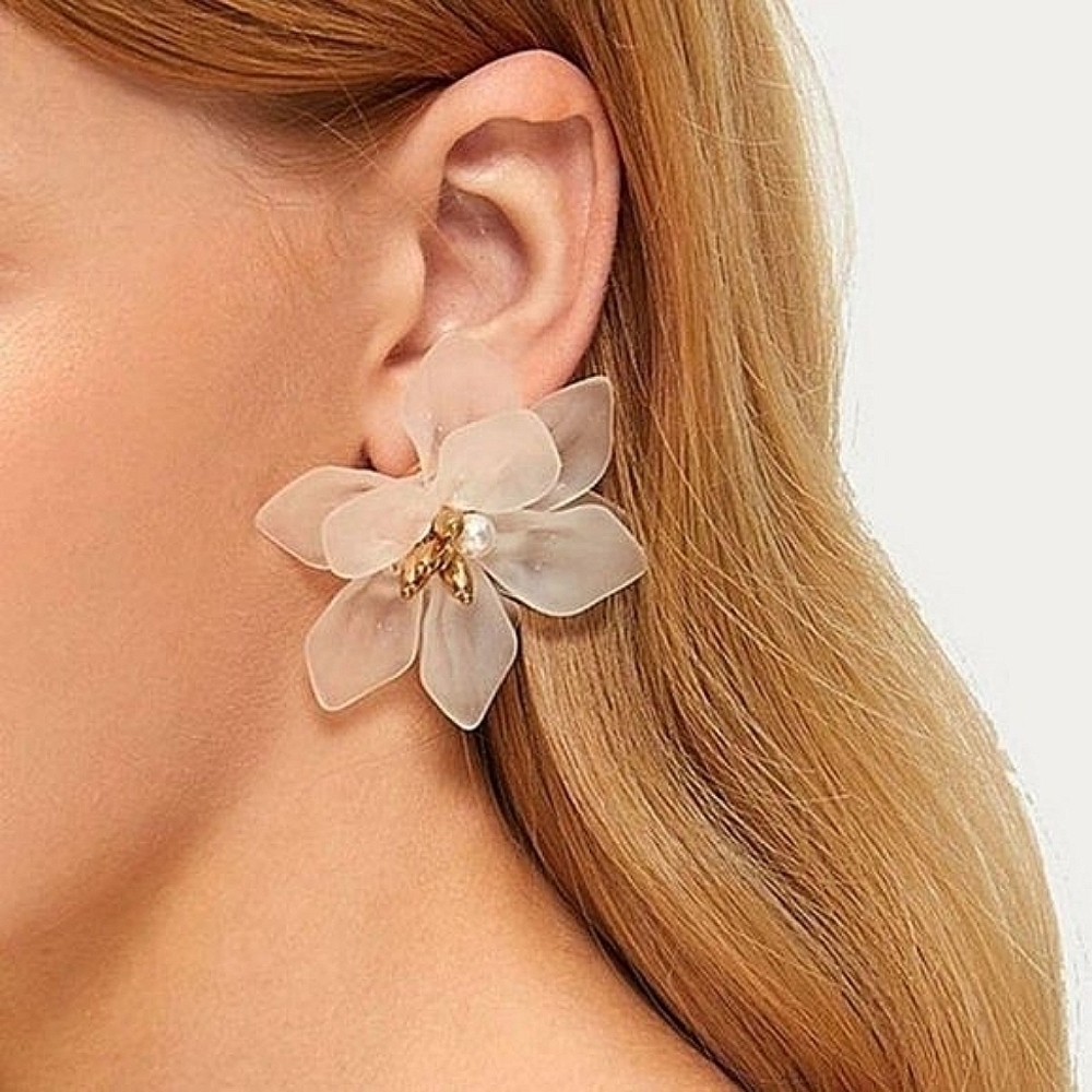 Gold Dangle flower Earrings Boho oversized Acrylic Clear Stud Jewelry 💖2/$30